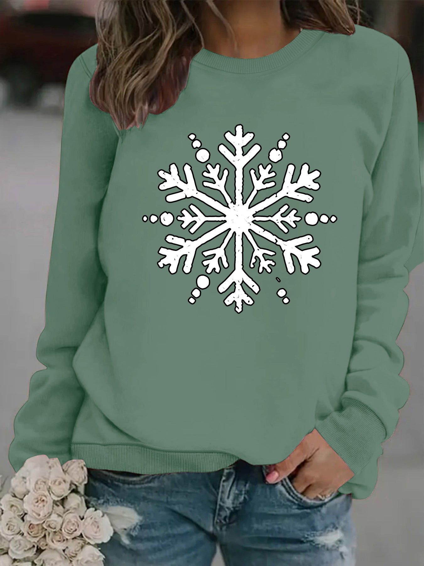 Snowflake print round neck hoodie for women