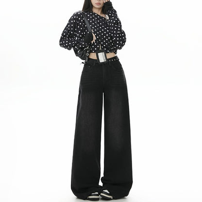 Style Black Gray High Waist Jeans Women Loose Slim Straight Leg Wide Leg Long Pants