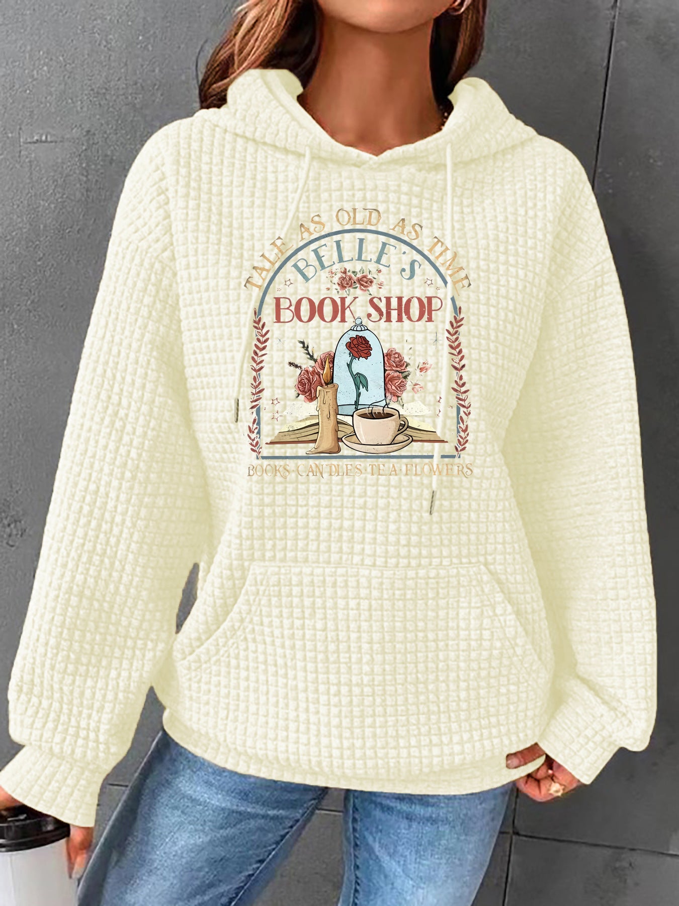 Waffle kangaroo pocket hooded long sleeved shirt