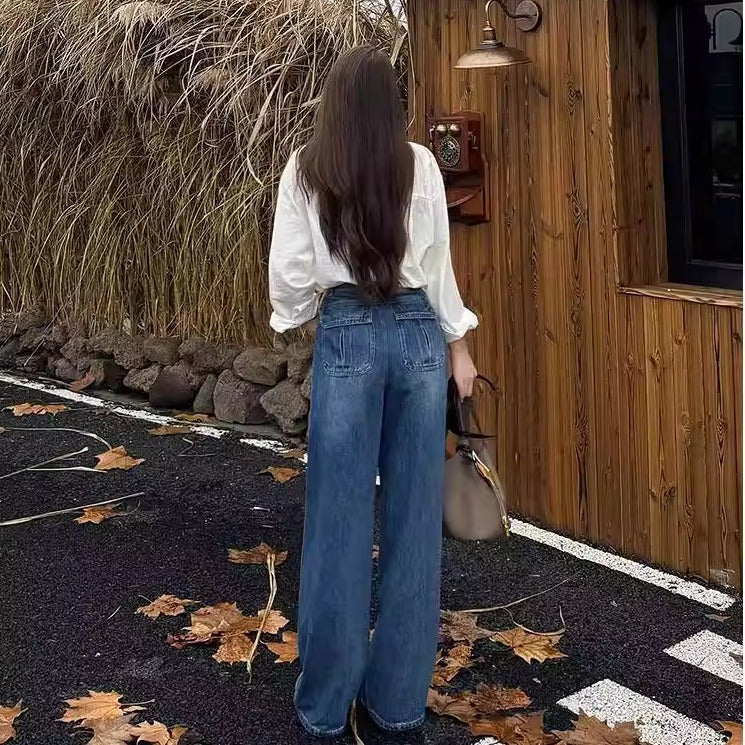 Vintage Washed Knife-Edge Jeans Women High Waist Slimming Loose Wide Leg Pants Casual Trousers Versatile