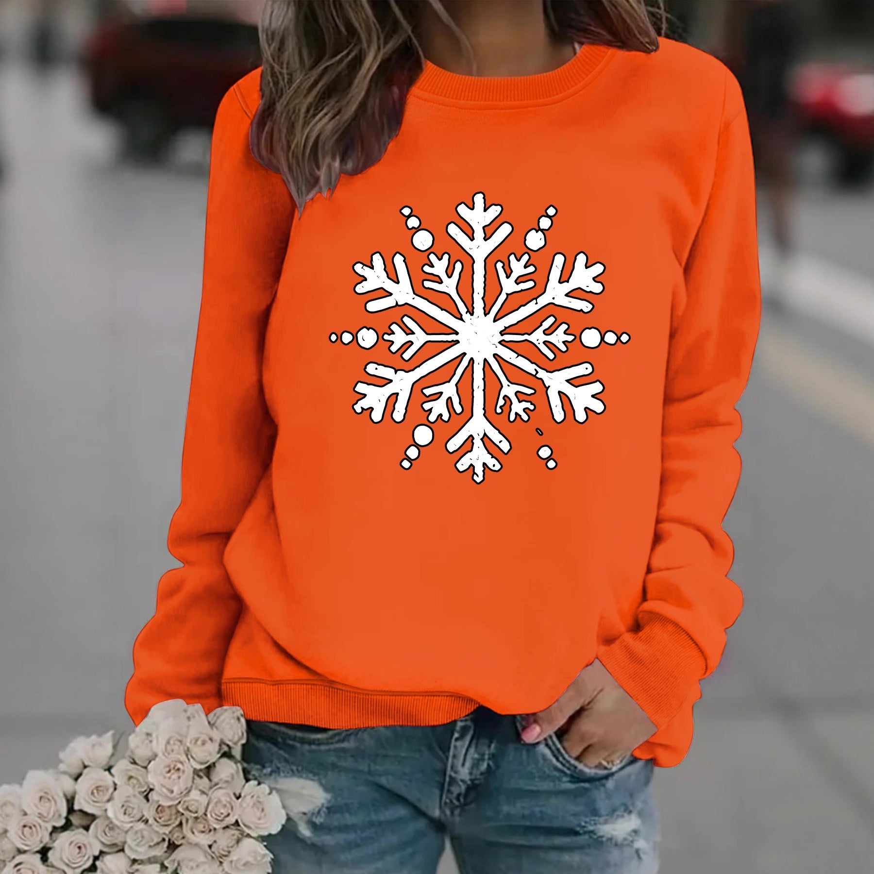 Snowflake print round neck hoodie for women