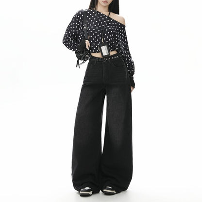 Style Black Gray High Waist Jeans Women Loose Slim Straight Leg Wide Leg Long Pants