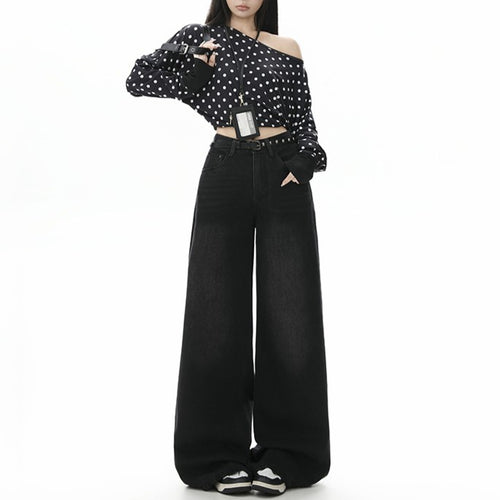 Style Black Gray High Waist Jeans Women Loose Slim Straight Leg Wide Leg Long Pants