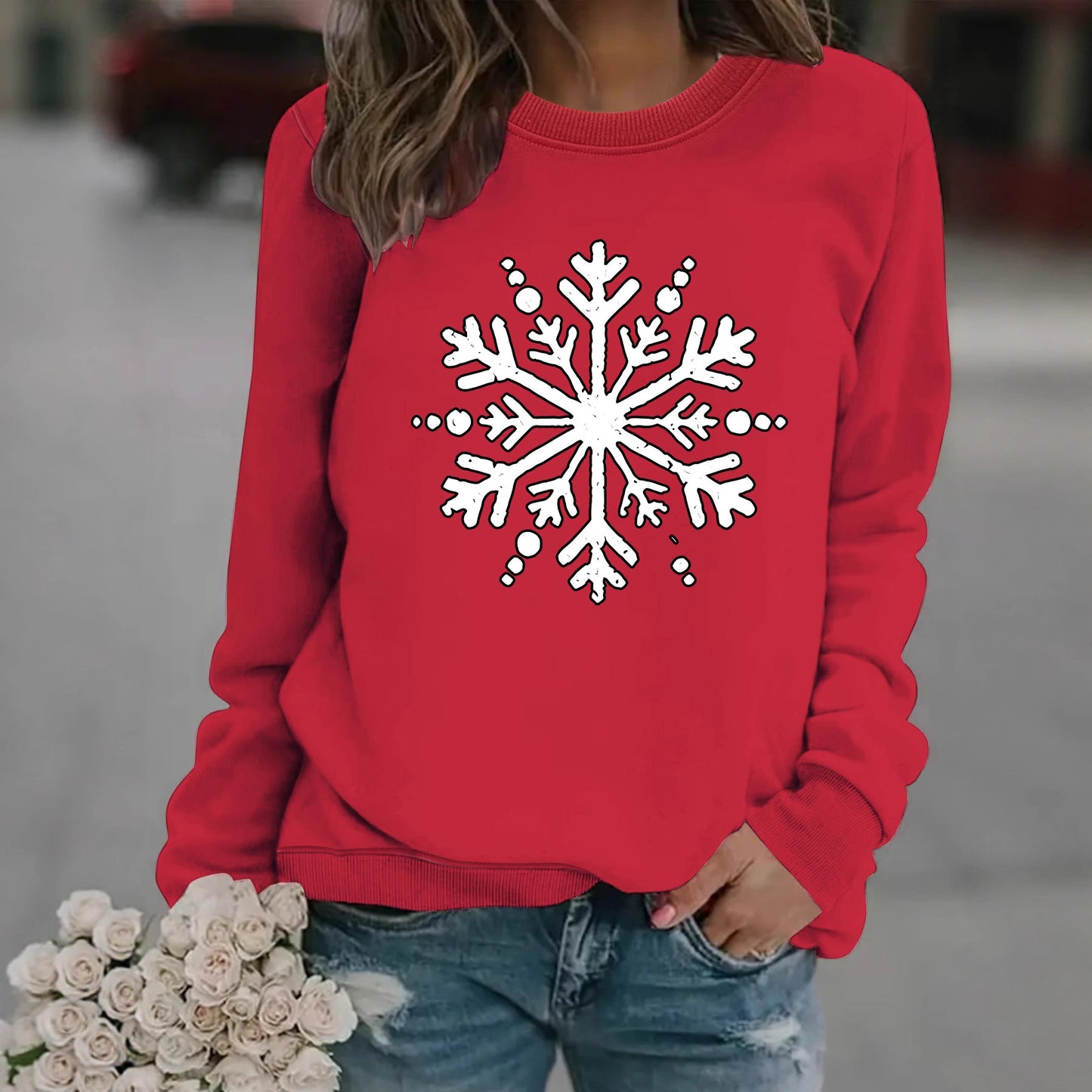 Snowflake print round neck hoodie for women