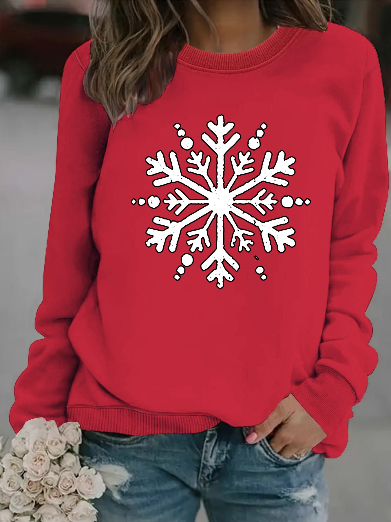 Snowflake print round neck hoodie for women