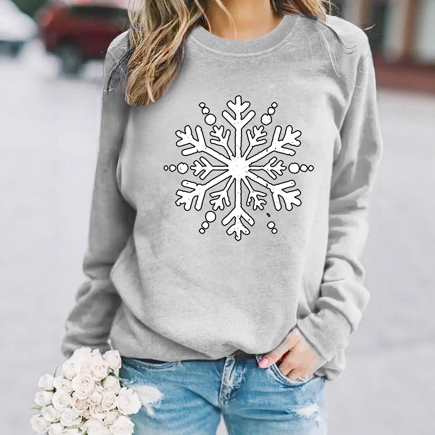 Snowflake print round neck hoodie for women