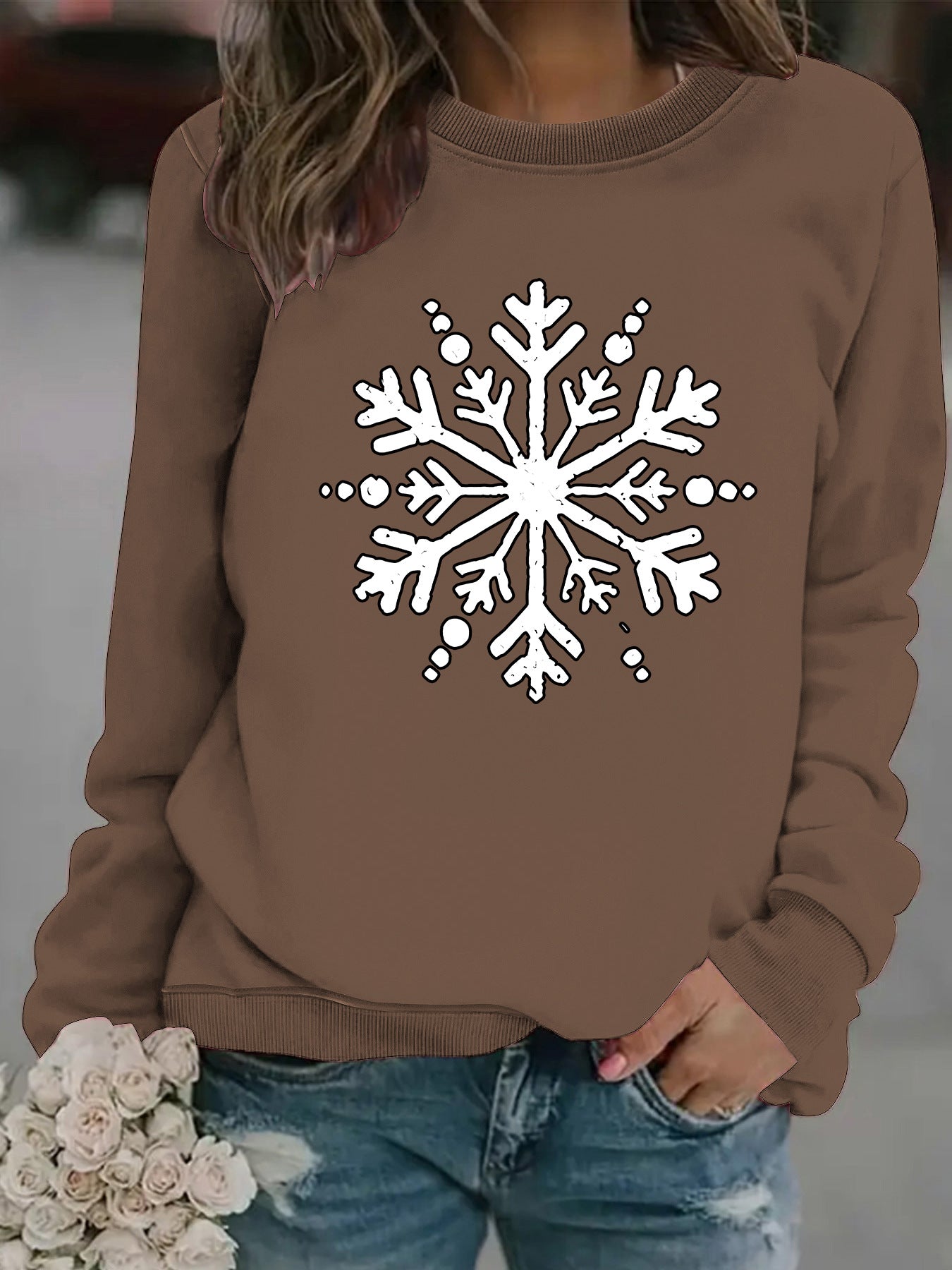 Snowflake print round neck hoodie for women