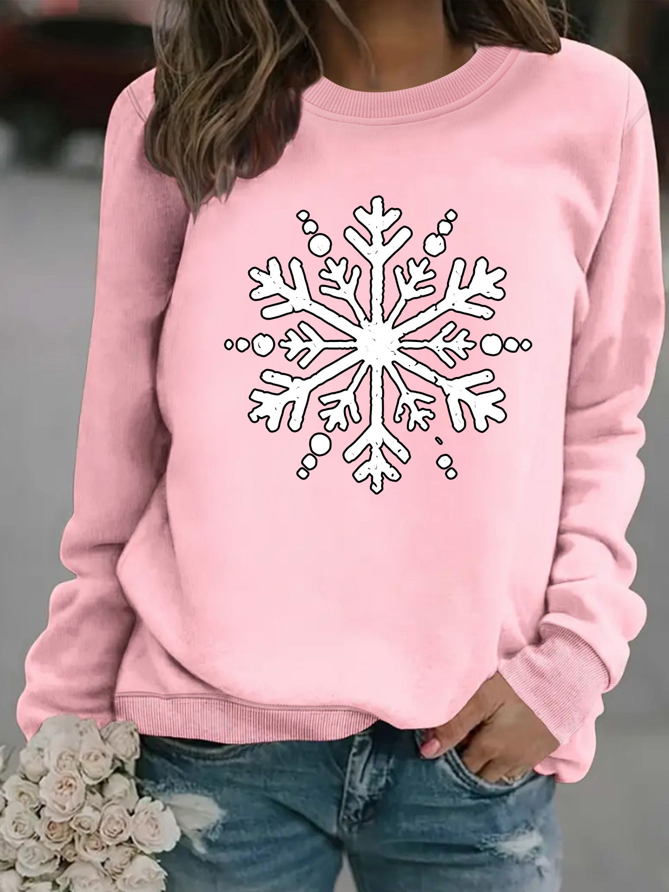 Snowflake print round neck hoodie for women