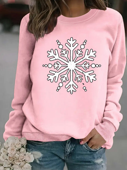 Snowflake print round neck hoodie for women